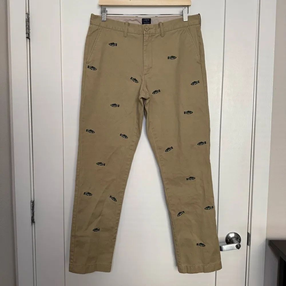 J Crew The Sutton Chino Pants Mens 33x32 Tan Straight Embroidered Fish Cotton